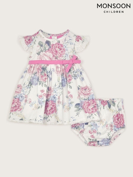 Monsoon Purple Newborn Ophelia Floral 100% Cotton Dress and Briefs Set (F83066) | ₪111
