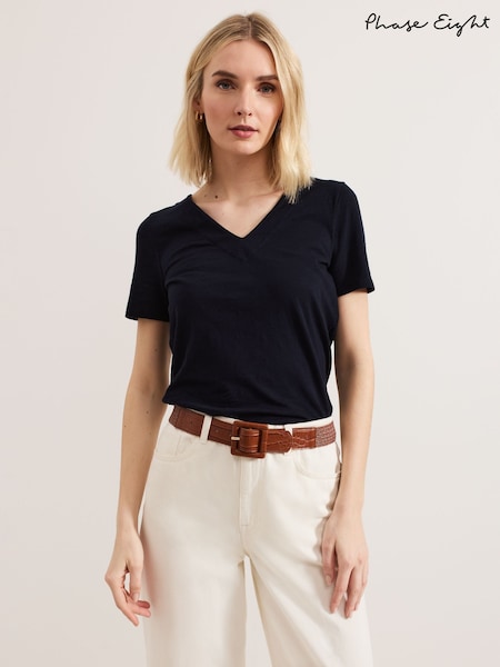 Phase Eight Blue Elspeth V-Neck 100% Cotton Top (F83131) | ₪146