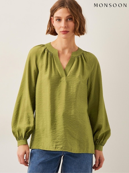 ירוק - Monsoon Aya Long Sleeve Satin Blouse (F83141) | ‏246‏₪