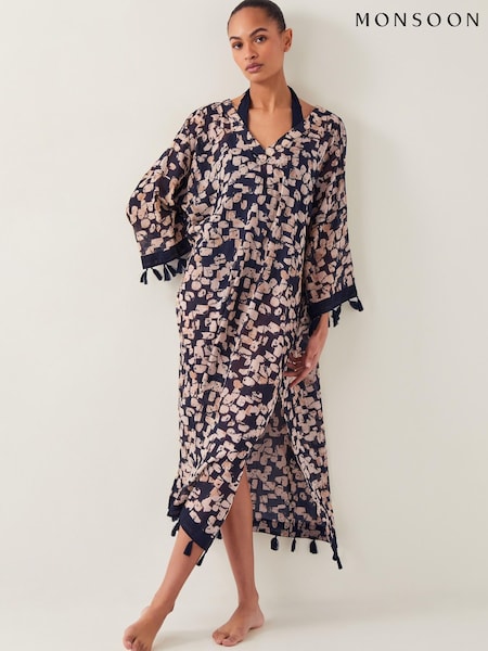 Monsoon Brown Alwena Block Print Kaftan Dress (F83161) | $139
