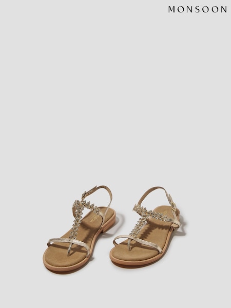 Monsoon Gold Dee Diamante Metallic Leather Sandals (F83183) | €58