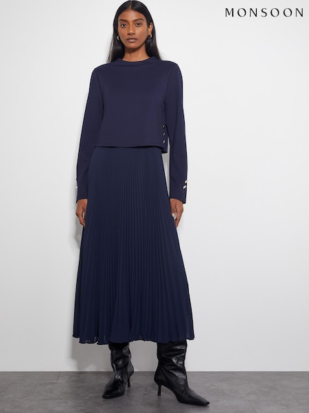 Monsoon Blue Penny Long Sleeve Pleated Midi Dress (F83184) | €72