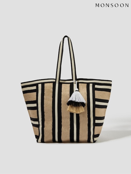 Monsoon Natural Ari Metallic Stripe Canvas Beach Bag (F83196) | ₪196