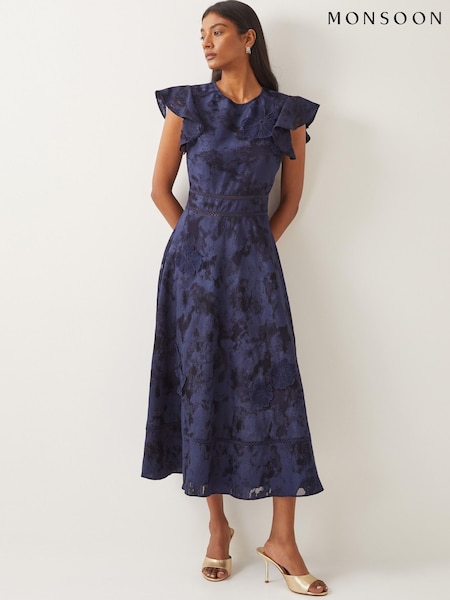 Sininen - Monsoon Josie Flutter Sleeve Floral Jacquard Midi Dress (F83225) | €236
