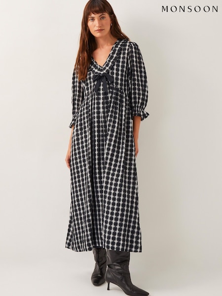 Monsoon Black Violet Check Bow Maxi Dress (F83240) | ₪427