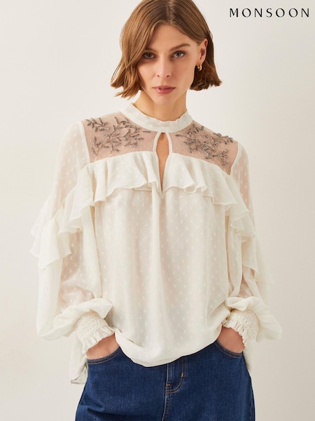Monsoon Debbie Embellished Polka Dot Ruffle Blouse (F83244) | ‏397‏₪