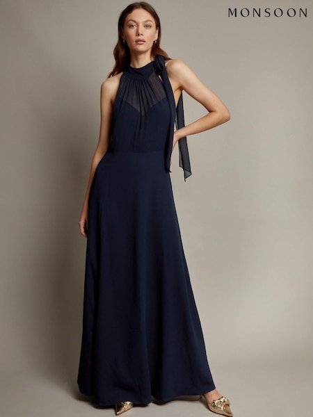 Monsoon Blue Monika Halter Chiffon Maxi Dress (F83245) | 742 QAR