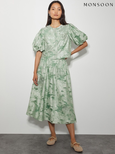 Monsoon Green Josie Puff Sleeve Floral Print Jacquard Top (F83256) | 470 QAR