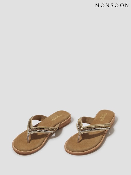 Monsoon Gold Sia Beaded Leather Flip Flops Sandals (F83257) | ₪196