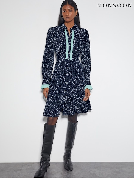 Monsoon Blue Novie Polka Dot Mini Shirt Dress (F83259) | ₪377