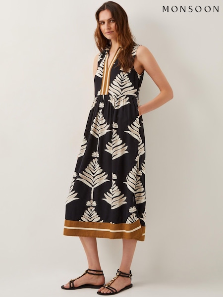 Monsoon Black Pamela Sleeveless Leaf Print Midi Dress (F83266) | ₪402
