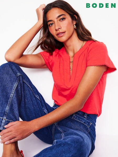 Boden Red 100% Cotton Ava Short Sleeve Top (F83315) | 188 QAR
