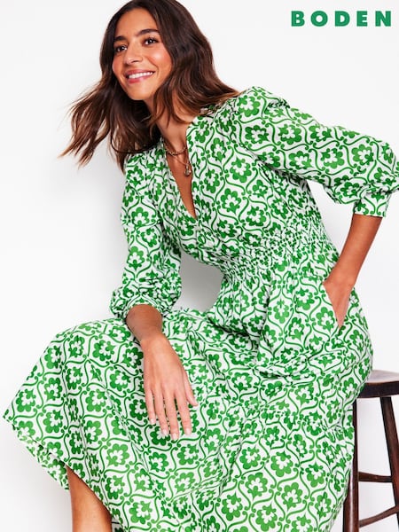 Boden Green Elena 100% Cotton Tiered Midi Dress (F83364) | €195