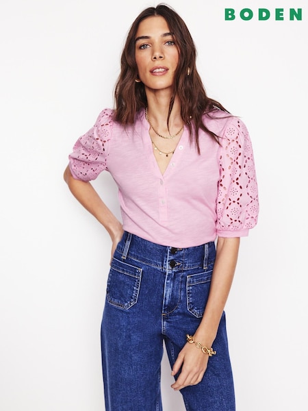 Boden Pink Eden Puff Sleeve Henley Top (F83368) | €92