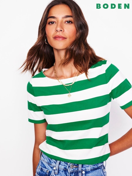 Boden Green Ella Short Sleeve 100% Cotton Breton T-Shirt (F83399) | kr371