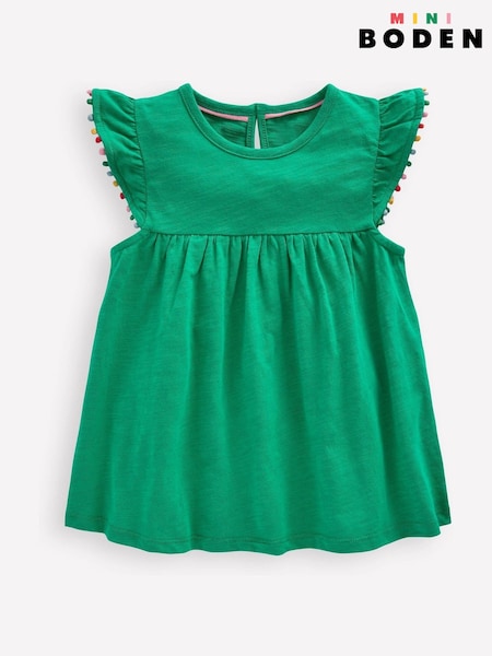 Verde - Rochie din bumbac cu mânecă cu volane și ciucure Boden 100% (F83413) | 112 LEI - 127 LEI