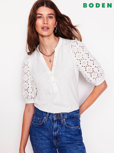 Boden White Eden Puff Sleeve Henley Top (F83444) | R$ 590