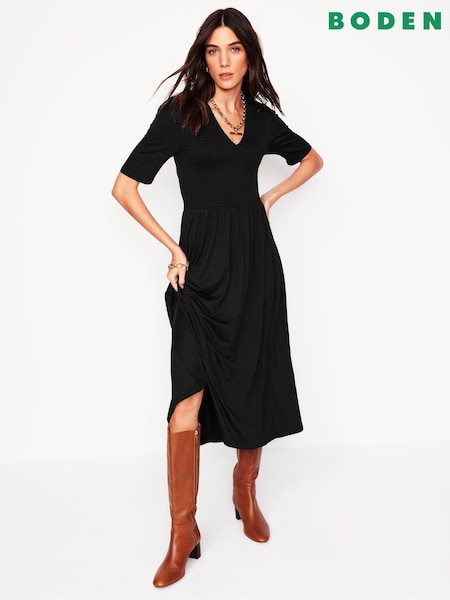 Boden Black Bethany Smocked Jersey Dress (F83473) | €114