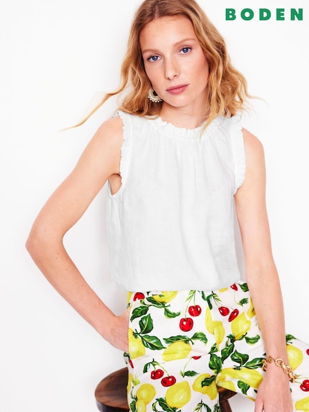 Boden White Sophie Ruffle 100% Linen Top (F83480) | €84