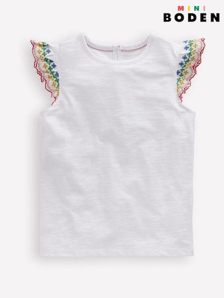 Boden White Margaret Broderie Frill 100% Cotton T-Shirt (F83498) | €26 - €29