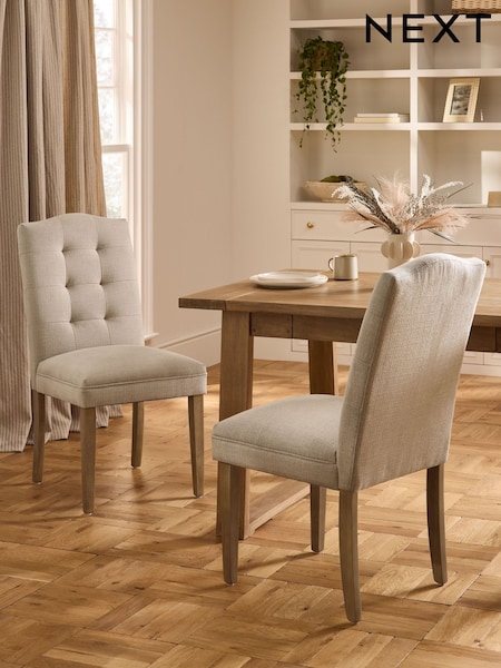 Set of 2 Soft Linen Look Natural Malvern Button Light Wood Leg Dining Chairs (F83570) | €305