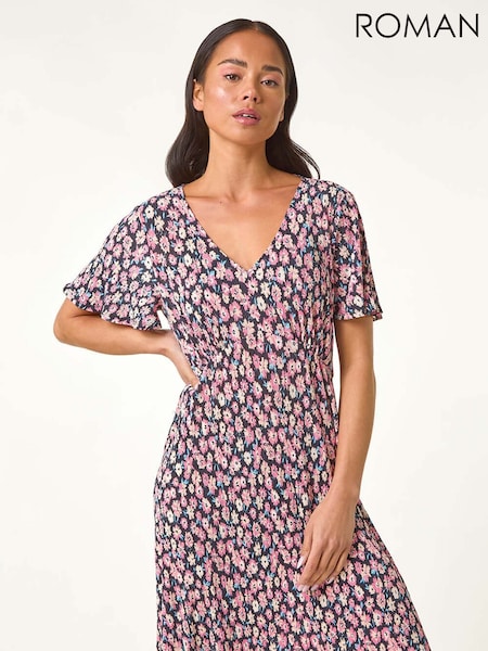 Roman Black Petite Ditsy Floral Print Pleat Dress (F83637) | €53