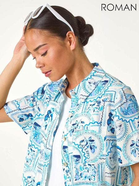 Roman Blue Petite Print Button Through Shirt (F83649) | ₪201