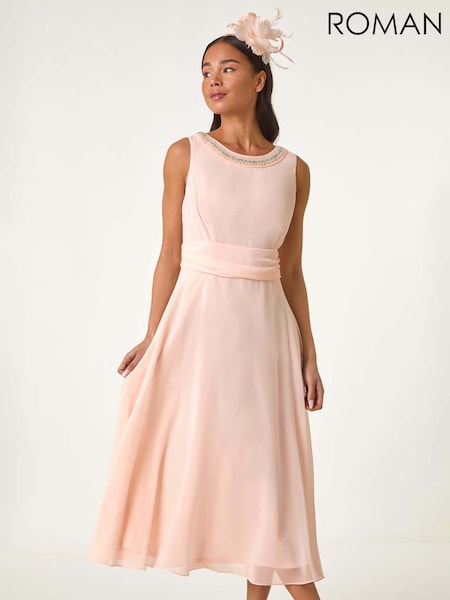 Розовый - Roman Petite Trim Detail Ruched Midi Dress (F83656) | €90