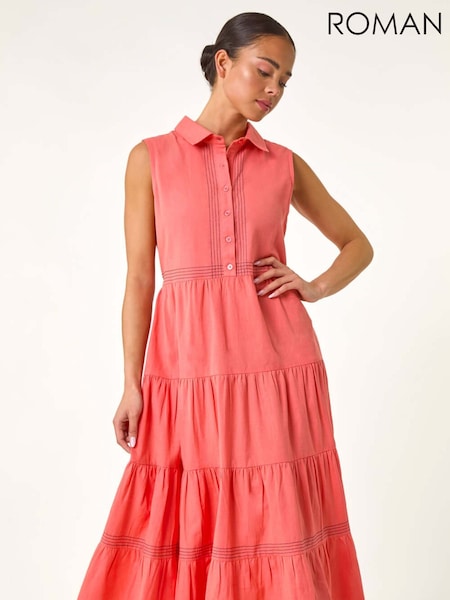 Roman Pink 100% Cotton Pocket Tiered Midi Dress (F83662) | €63
