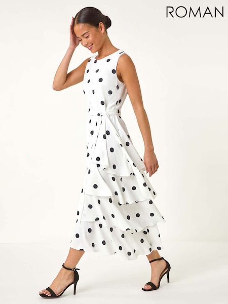 Roman White Petite Spot Print Tiered Midi Dress (F83679) | €92