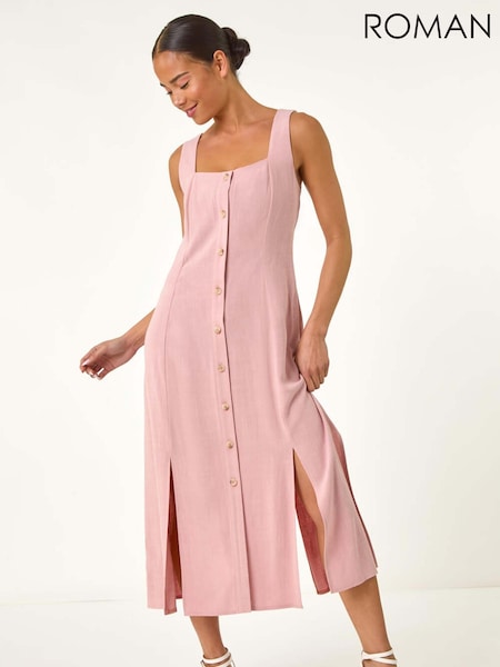 Roman Pink Petite Square Neck Buttoned Midi Dress (F83686) | €74