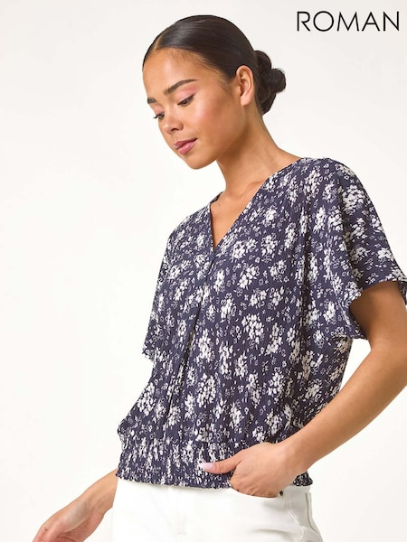 Roman Blue Petite Floral Print Crinkle Blouson Top (F83690) | R$ 385