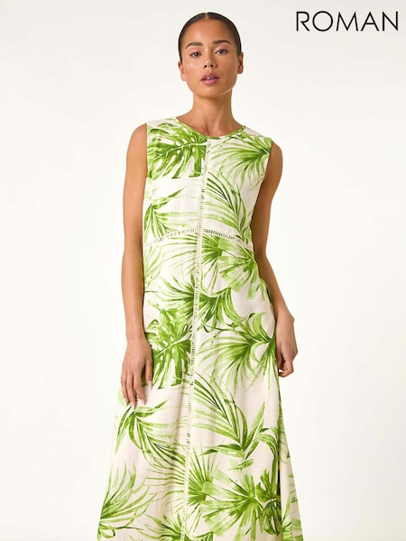Roman Green Petite Leaf Print Trim Midi Dress (F83692) | €72
