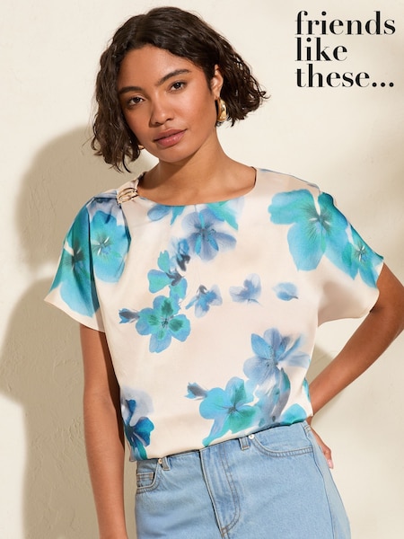 Friends Like These Floral Blue Short Sleeve Blouse With Gold Detail (F83701) | 1,923 UAH