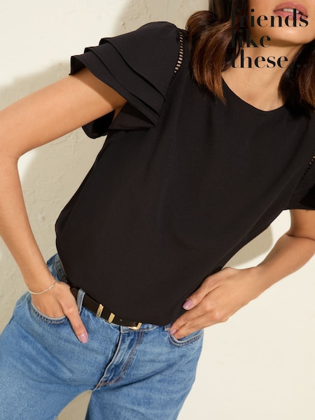 Friends Like These Black Short Ruffle Sleeve Round Neck Blouse (F83702) | OMR13