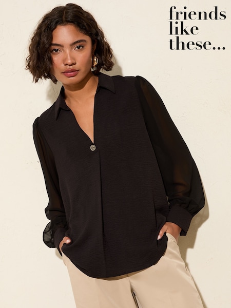 Friends Like These Black Long Sleeve V-Neck Button Front Blouse (F83707) | 158 QAR