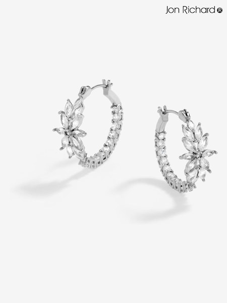 Jon Richard Silver Tone Cubic Zirconia Floral Hoop Earrings (F84032) | €32