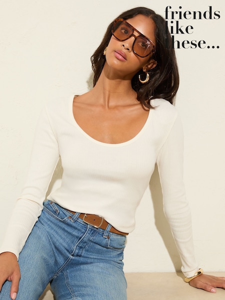 Friends Like These Cream Long Sleeve Rib Scoop Neck Top (F84153) | AED105