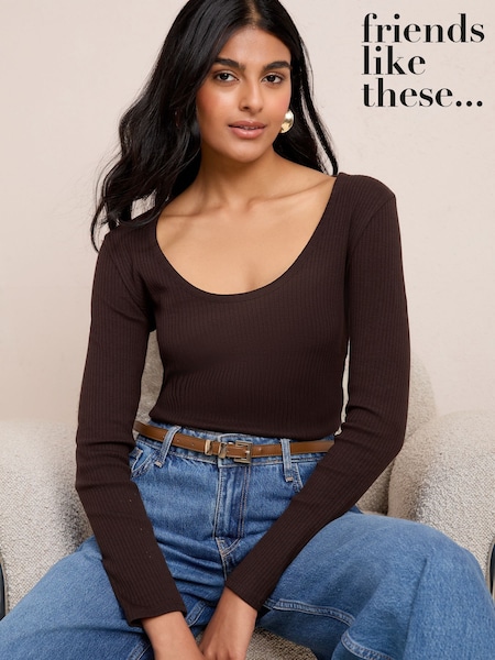 Friends Like These Brown Long Sleeve Rib Scoop Neck Top (F84154) | 99 QAR