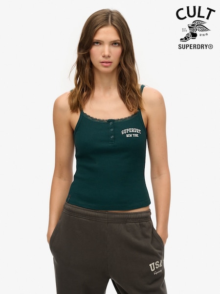 Superdry Green Athletic Essentials Embroidered Button 100% Cotton Cami Top (F84177) | €25
