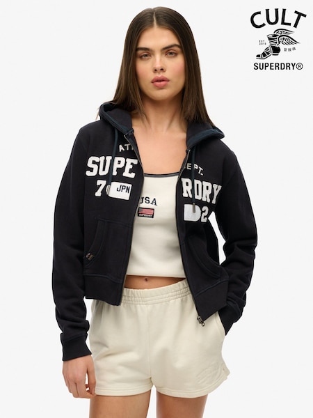 Superdry Black Athletic Essentials Relaxed Cropped Zip 100% Cotton Hoodie (F84179) | $96