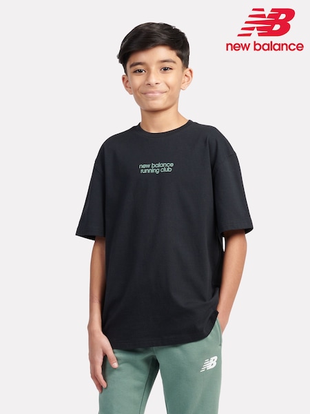 New Balance Black Kids Running Club Sandwich Back Graphic 100% Cotton T-Shirt (F84225) | €33 - €40