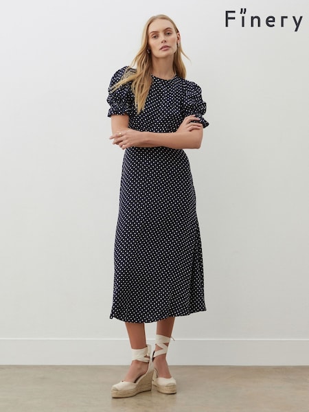 Finery Navy Mela Polka Dot Crepe Midi Dress (F84285) | €62