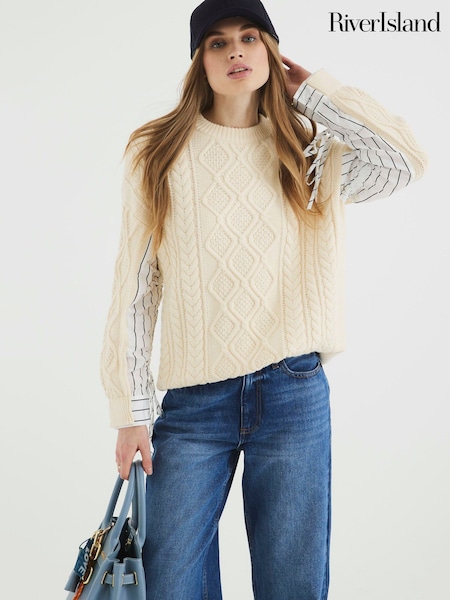 River Island Cream Striped Sleeve Cable Knit Jumper (F84301) | €69