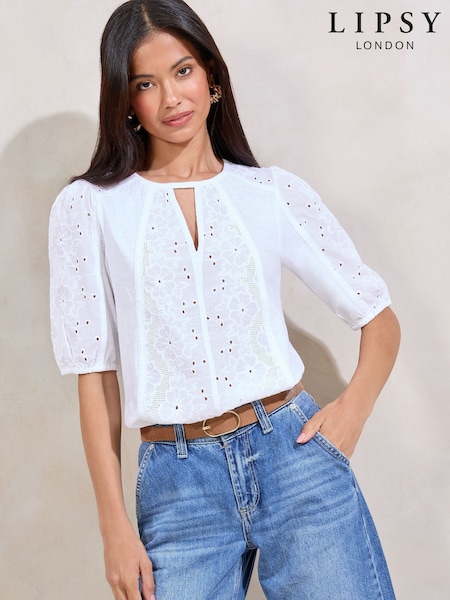 Lipsy White Broderie Puff Sleeve Top (F84534) | €49