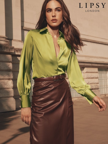 Lipsy Green Satin Godet Detail Shirt (F84539) | R$ 375