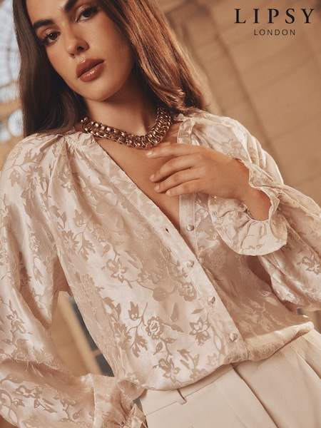 Lipsy Champagne Floral Burnout Button Through Pie Crust Blouse (F84543) | €64