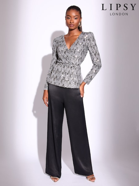 Lipsy Silver Sequin Long Sleeve Wrap Top (F84546) | € 78