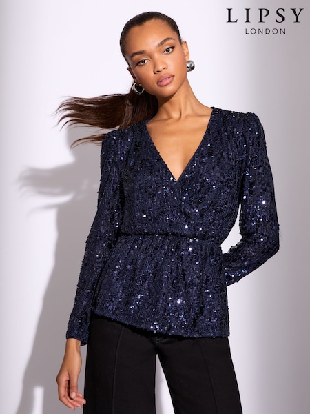Lipsy Navy Sequin Long Sleeve Wrap Top (F84558) | €64