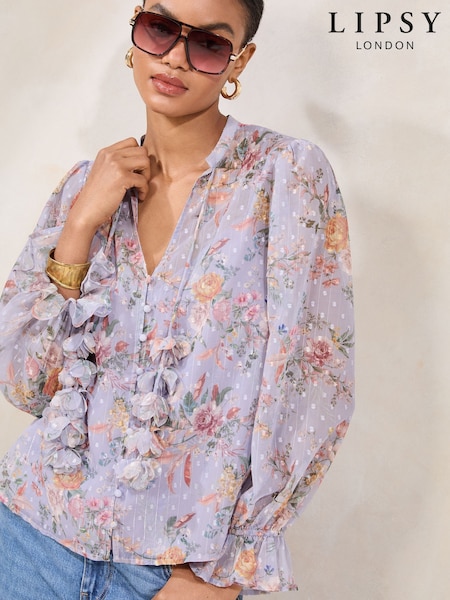 Lipsy Green Long Sleeve Blouse With 3D Floral Print Ties (F84576) | €58